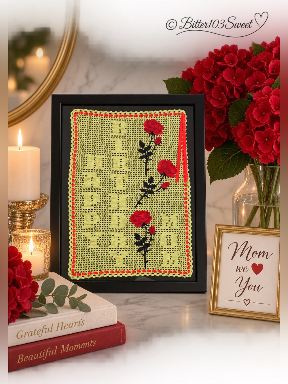 Handmade Crochet “Happy Birthday Mom” Rose Wall Art | Framed Mom Birthday Gift